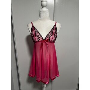 Hot Pink Mesh Babydoll Chemise Sequin Floral Embroidery Rhinestone Straps Medium